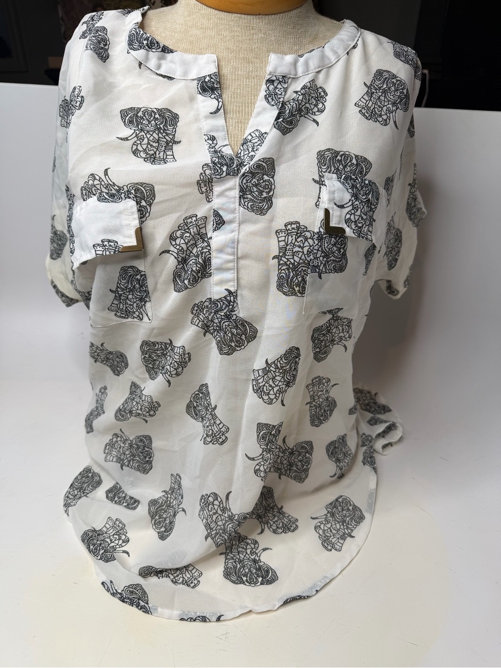 Live 4 Truth White Short-Sleeve Henley Blouse with Black Elephant Print